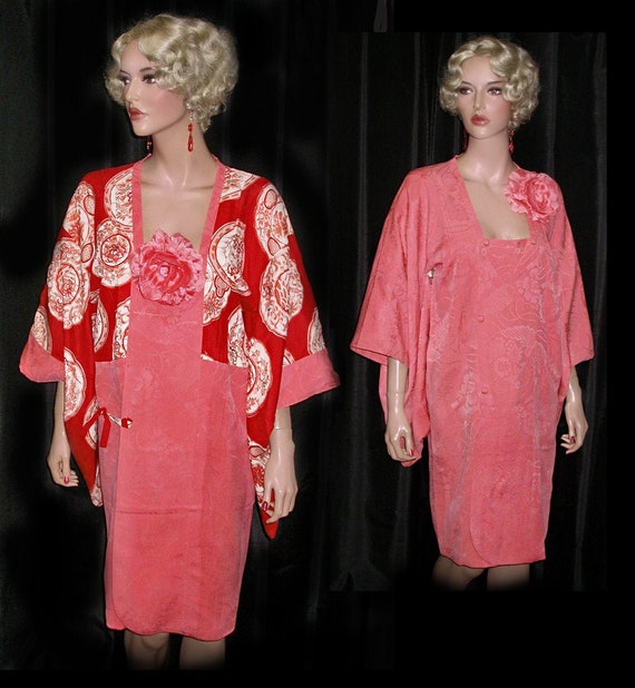 1940s Button Front Coral SILK Brocade KIMONO Dress