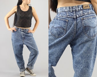 LEE Riders Denim High Waist Baggy Stone Wash Straight Leg Simi Tappered Blue Jeans / Pants Size 12 Petite 80's Vintage