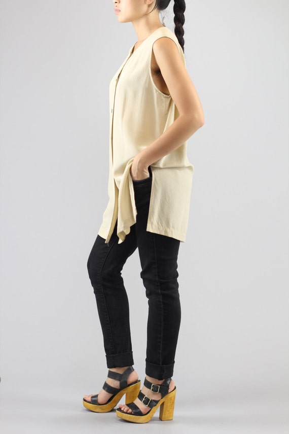 Minimalist Sleeveless Button Up Silk Blouse Beige… - image 4