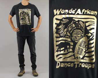 Wonde African Dance Troupe Basic Crew Neck Black T Shirt Made In USA By Jerzees Men's Size XL 90's Vintage