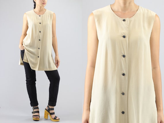 Minimalist Sleeveless Button Up Silk Blouse Beige… - image 1