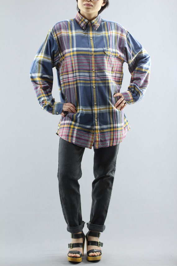 Big Plaid Colorful Light Cotton Button Down Long … - image 3