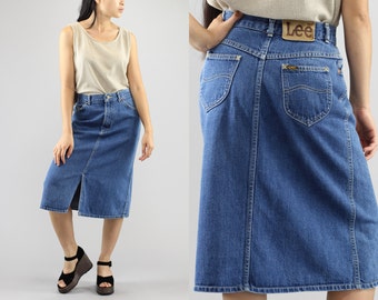 High Waisted Blue Jeans Denim Midi Pencil Skirt Made in USA By Lee Size 9 Regular 80's Vintage