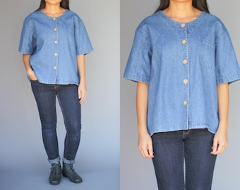 Denim Button Up Baseball / Jersesy Jean Shirt Women's Size All 90's Vintage