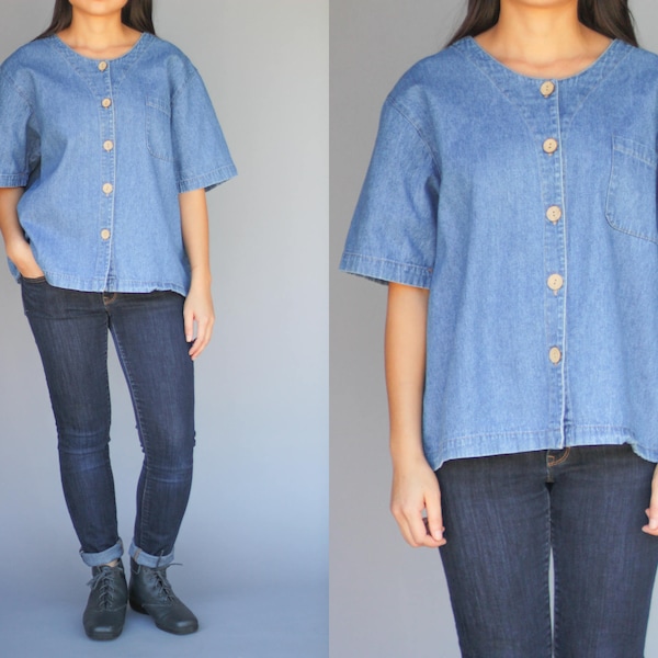 Denim Button Up Baseball / Jersesy Jean Shirt Women's Size All 90's Vintage