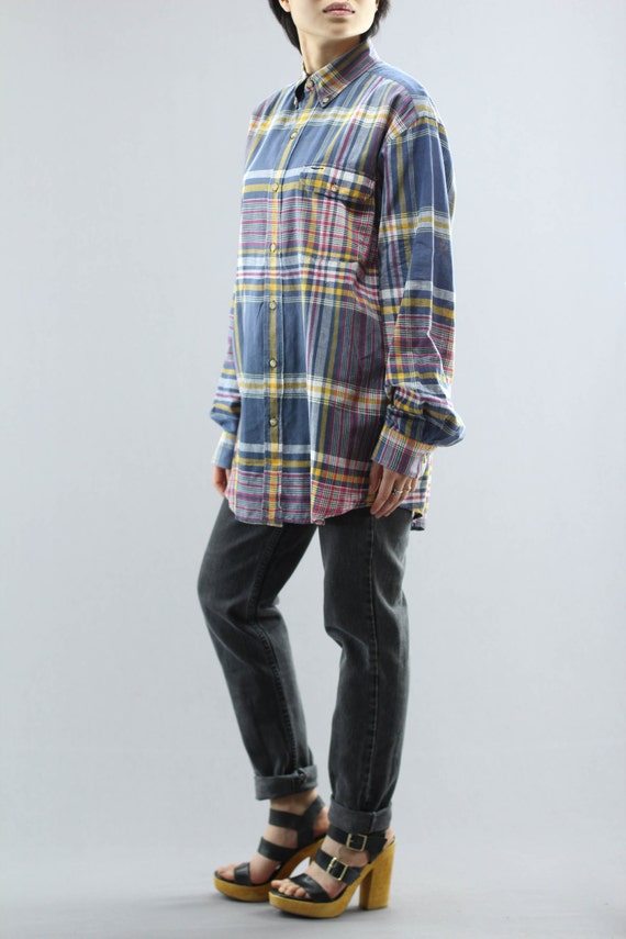 Big Plaid Colorful Light Cotton Button Down Long … - image 4