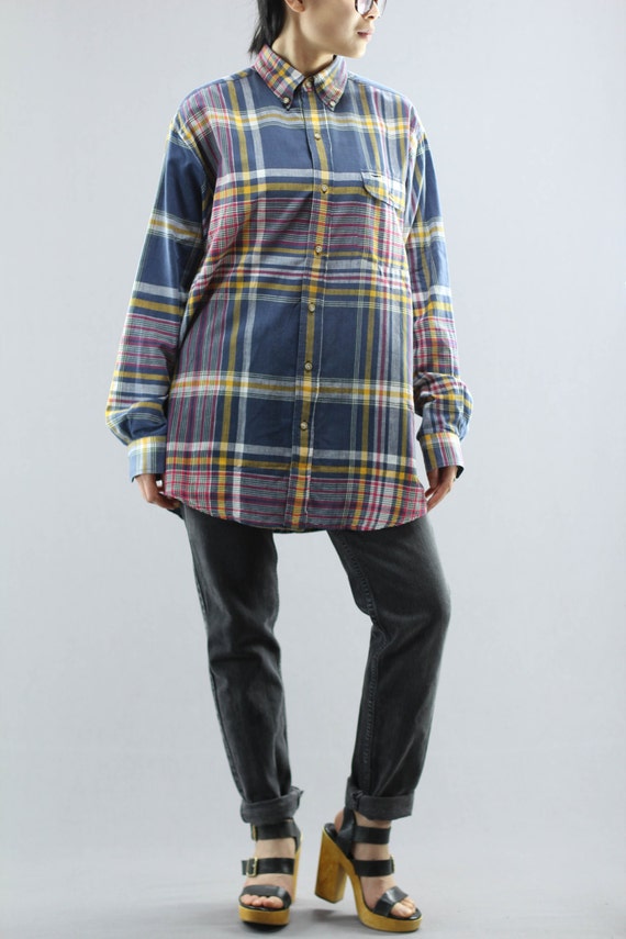 Big Plaid Colorful Light Cotton Button Down Long … - image 2