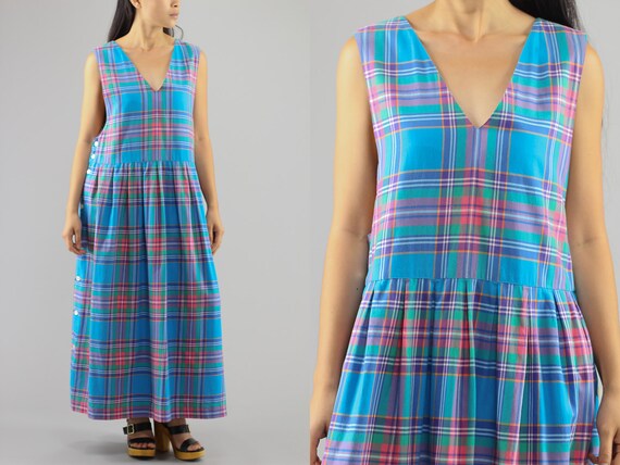 Plaid Pinafore Maxi Sleeveless Pocket Tank Apron D