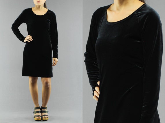 Basic Black Velour Midi Shift Dress By Moda Int'l… - image 1