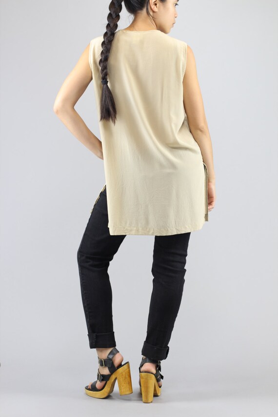 Minimalist Sleeveless Button Up Silk Blouse Beige… - image 5
