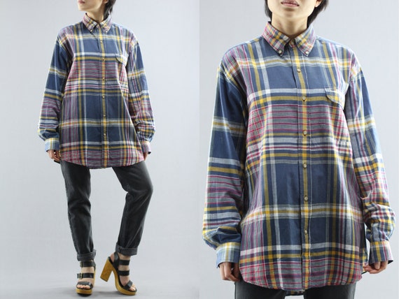 Big Plaid Colorful Light Cotton Button Down Long … - image 1