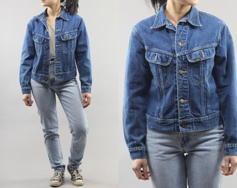 LEE Denim Cropped Dark Wash Jean Button Up Jacket Womens Size Large 80's Vintage