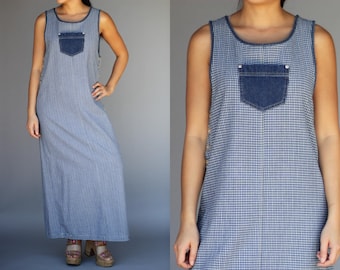 Check Pattern Denim Single Front Pocket Maxi Dress By True Blue Casual Sportwear Women's Size S 90's Vintage