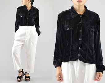 Black Velvet Soft Cropped Button Up Shirt Blouse By Magazine Women's Size Medium 90's Vintage