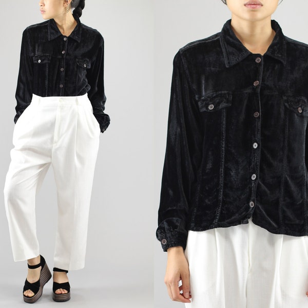 Black Velvet Soft Cropped Button Up Shirt Blouse By Magazine Women's Size Medium 90's Vintage