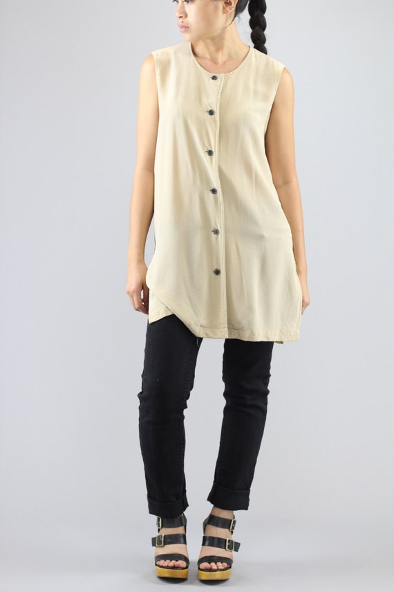 Minimalist Sleeveless Button Up Silk Blouse Beige… - image 3