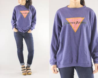 GUESS Embroidered Patch Logo Rare Two Tone Knitted Crew Neck Sweater / Sweatshirt Unisex Size Large 80's Vintage