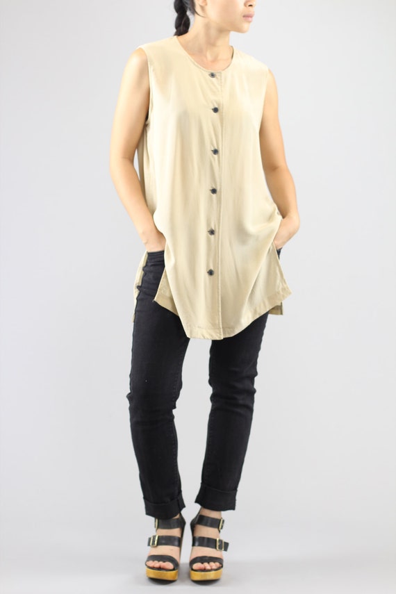 Minimalist Sleeveless Button Up Silk Blouse Beige… - image 2