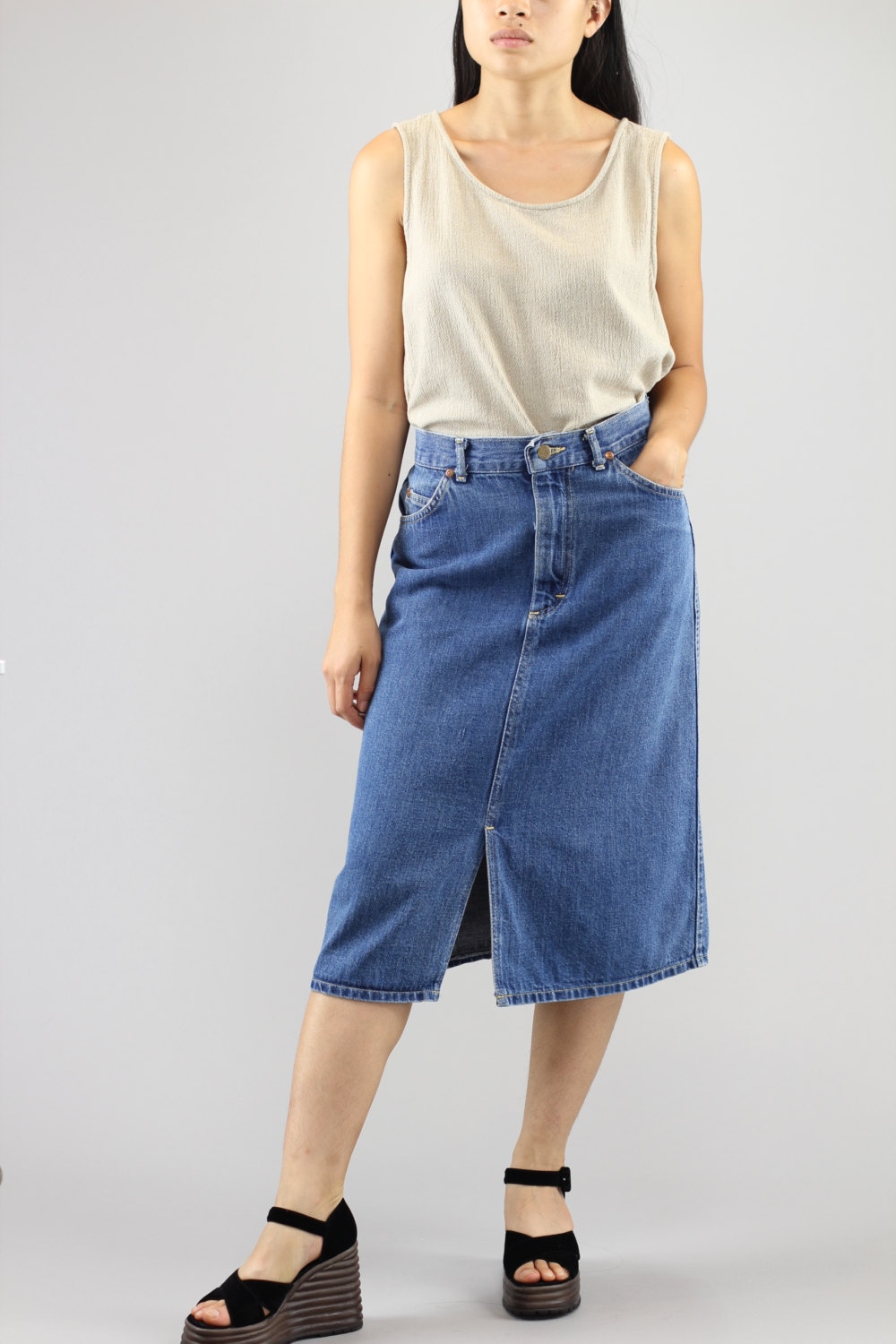 High Waisted Blue Jeans Denim Midi Pencil Skirt Made in USA by - Etsy