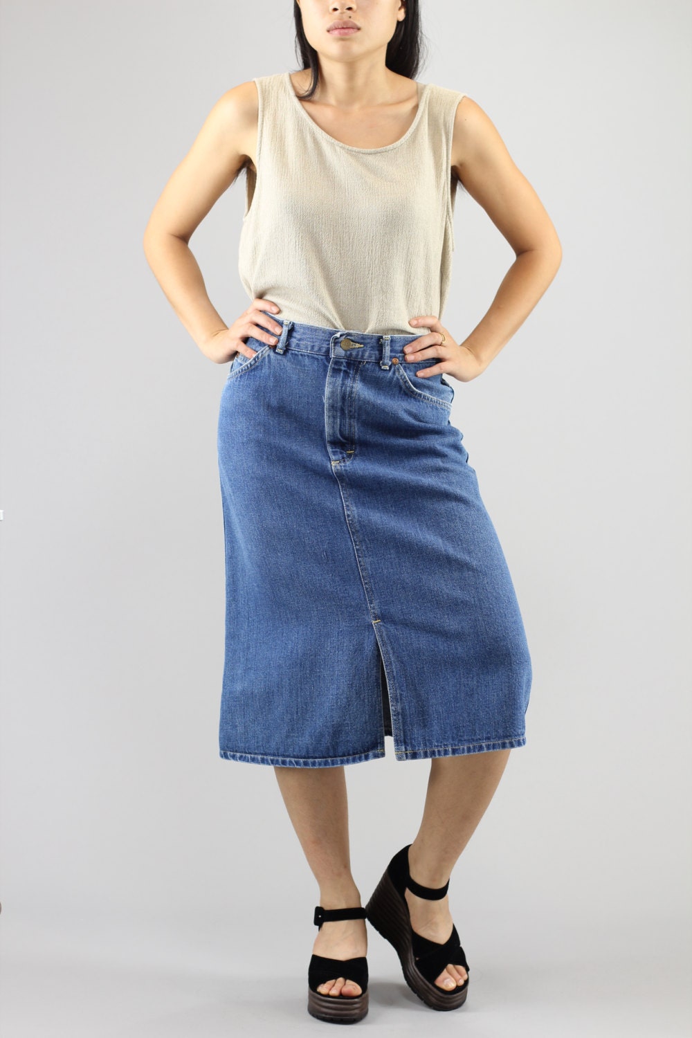 High Waisted Blue Jeans Denim Midi Pencil Skirt Made in USA by - Etsy