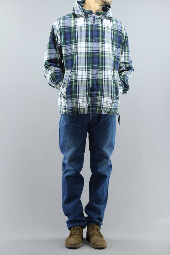 vintage plaid jacket windbreaker hoodie blue green 1990s