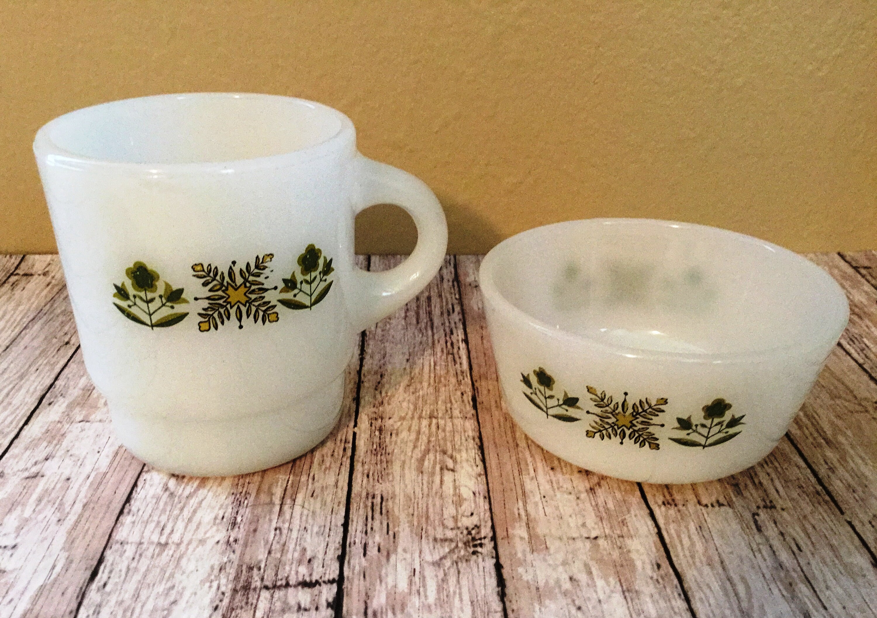 Vintage Fireking Green Meadow Milk Glass Cafe Mug and Custard Dish