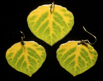 Conjunto de brincos e pingente de folha de Aspen verde e amarelo 1