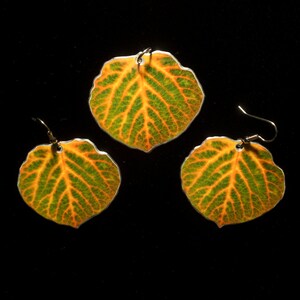 Grün, Orange und gelbe Aspen Blatt Ohrringe und Anhänger-Set 1