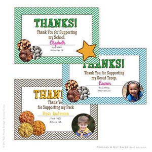 May include: Three thank you cards with a chevron pattern border. Each card has a different color scheme and features a photo of a child in a scout uniform. The text on the cards reads "Thanks! Thank you for supporting my school." "Thanks! Thank you for supporting my scout troop." and "Thank you for supporting my pack."