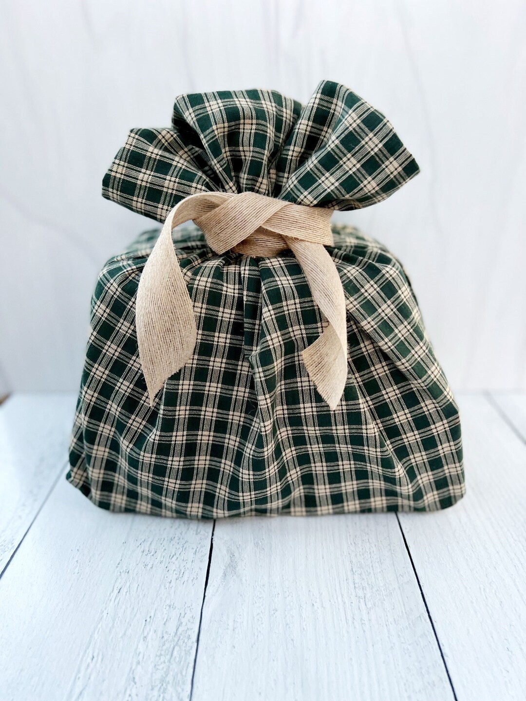 Reusable Fabric Gift Bag for Christmas Green Homespun Plaid Gift Bag