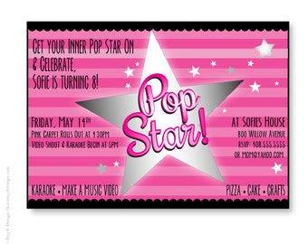 Pop ster Karaoke Birthday Party Invitations. Gepersonaliseerde en afdrukbare
