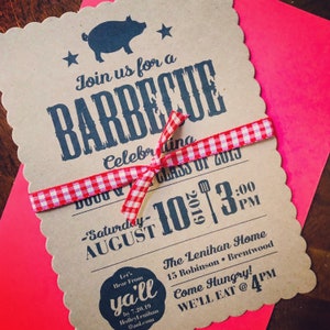 May include: A brown paper invitation with a scalloped edge, featuring a black silhouette of a pig and the text "Join us for a BARBECUE Celebrating Class of 2019 - Saturday - August 10, 2019 3:00 PM The Lenihan Home 15 Robinson, Brentwood Come Hungry! We'll Eat @ 4 PM". A red and white gingham ribbon is tied around the invitation.