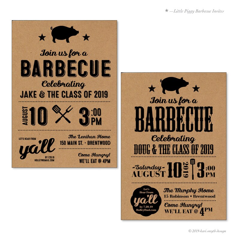May include: Two brown paper invitations for a barbecue celebrating Jake and Doug and their graduating classes of 2019. The invitations feature a black silhouette of a pig, a black and white illustration of a spatula and a fork, and the text "Join us for a Barbecue".