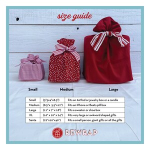 May include: Three fabric gift bags in small, medium, and large sizes, featuring red and white patterns and tied with striped ribbons. A size guide table lists dimensions in inches for small, medium, large, XL, and Santa sizes with usage examples.