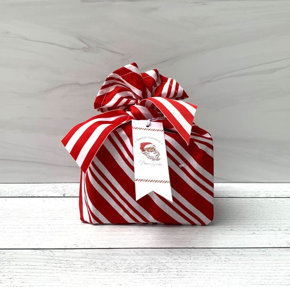 Reusable Christmas Gift Bag:  Eco-Friendly furoshiki gift wrap | Red Peppermint Stripe Fabric