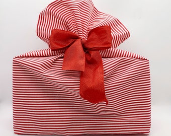 Reusable cloth gift bag Red stripe Christmas fabric gift wrap Ecofriendly cloth gift bag Sustainable gift wrap Holiday gift bag Birthday bag