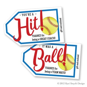You&#39;re A Hit! Softball Gift Tag It was a Ball! Softball Gift Thanks for being a great softball coach team mate gift tag Printable Download
