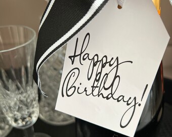 Etiqueta de regalo con texto "Feliz cumpleaños", decoración para botella de vino (descarga imprimible)