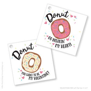 Etiqueta de regalo del día de San Valentín de Donuts ¿Quieres donuts para mi San Valentín? Donut ve rompiéndome el corazón Etiquetas de regalo del Día de San Valentín Descargas imprimibles.