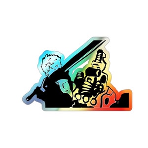 May include: A black and white silhouette of a character holding a sword, with a rainbow gradient background.
