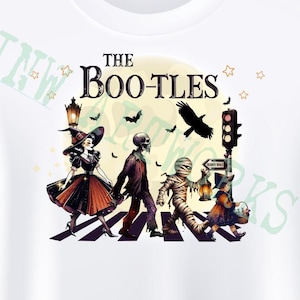 Los BOO-TLES, gráfico de rock de los 70 de HALLOWEEN, Abbey Rd, Monsters svg, png, jpg, para sublimación, luna llena, momia, bruja