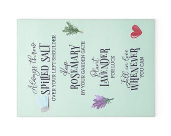 Practical Magic Glass Cutting Board  Salt, Rosemary  Lavender for Luck  Love