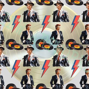 May include: A repeating pattern of a man in a suit and hat, standing in front of a gold record. The record has a lightning bolt design in blue and red. The background is white.