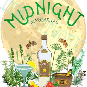 May include: A full moon with the text "Midnight Margaritas" in green letters.  A bottle of tequila labeled "Diablo De Flores Tequila" is in front of the moon.  There are green plants, flowers, and a mortar and pestle in the foreground.  A margarita glass is filled with a light blue liquid.