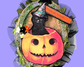 Vintage Halloween Ornament, Cat in Pumpkin with Witch Hat