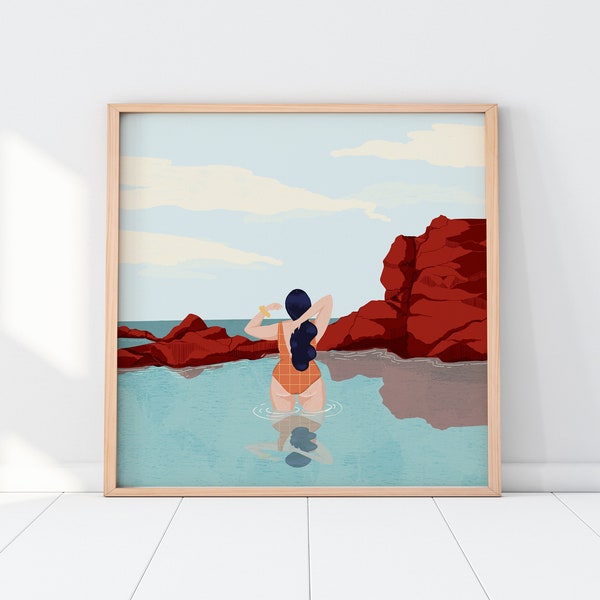 Tidal Pool Gal, Illustrated Giclée Fine Art Print | 50cm x 50cm, 12" x 12" |Wall Decor)|Gallery Wall Art| Colourful Wall Art |Swimming print