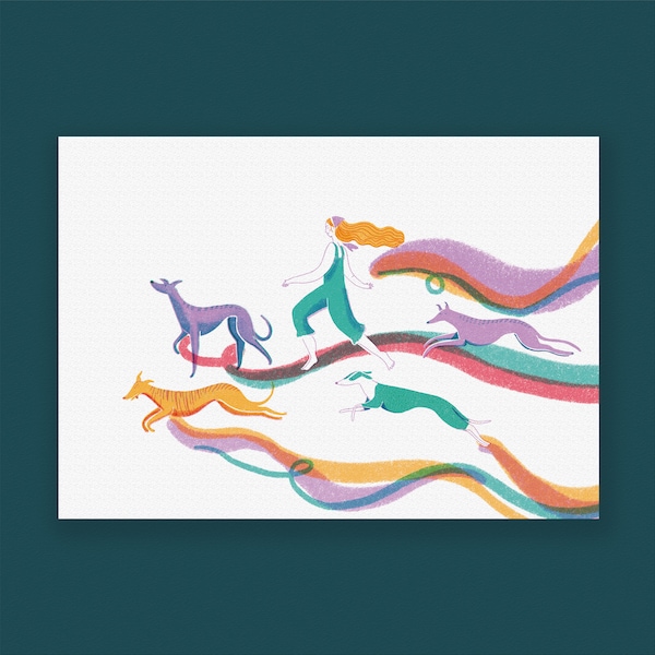 Dream Hounds, A4 Art print Greyhound print | whippet art | Sighthound artwork | Illustrated dog digital print