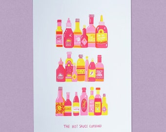 The Hot Sauce Cupboard|A3 Art Print| Colourful print |Gallery Wall Art|Hot Saucer|Kitchen Art|Gift For cooks