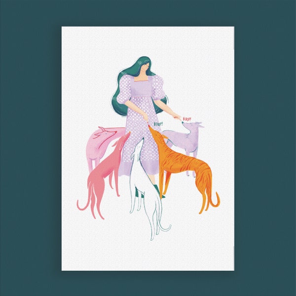 Queen of Hounds, A4 Art print | Greyhound print | whippet art | Sighthound artwork | Illustrated dog digital print