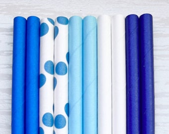 Blue and White Paper Straws, Set of 10